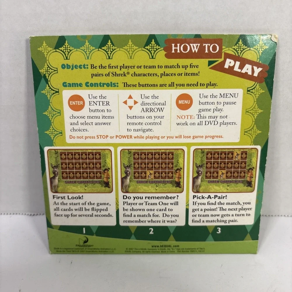 DreamWorks Shrek Pick-A-Pair DVD Game bEQUAL 2007 Interactive Memory Match Game